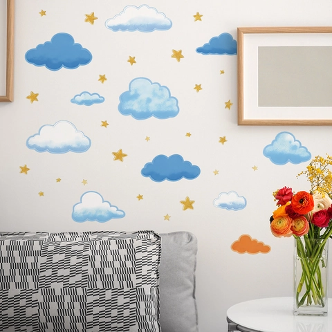 Cartoon Starry Sky Cloud Wall Stickers For Kids Room PVC Waterproof Removable Nursery Home Decor DIY Blue Gold Decals