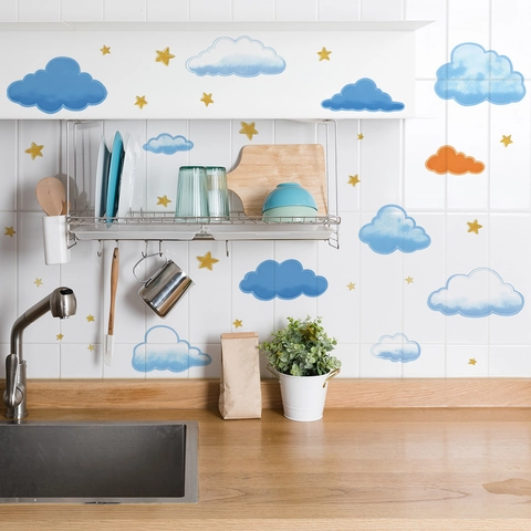 Cartoon Starry Sky Cloud Wall Stickers For Kids Room PVC Waterproof Removable Nursery Home Decor DIY Blue Gold Decals