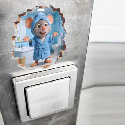 Creative 3D Cartoon Mouse Bathroom Wall Sticker Waterproof PVC Toilet Decal Cute Mouse In Bathrobe Wall Art For Kids Room Home Decor