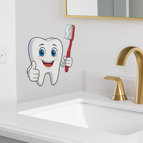 Pegatina de Pared de PVC de Diente Antropomórfico con Cepillo de Dientes Impermeable Autoadhesiva Decoración para Baño
