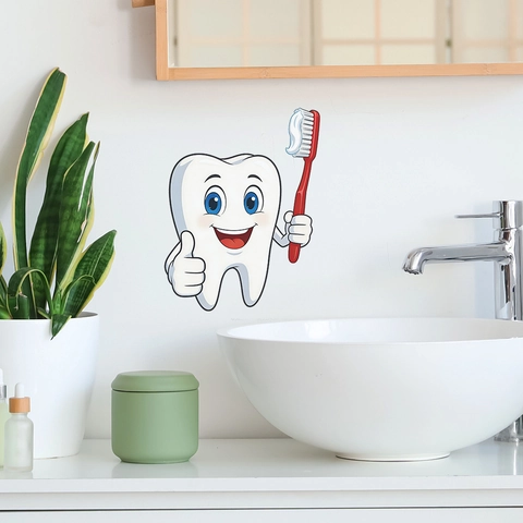 Pegatina de Pared de PVC de Diente Antropomórfico con Cepillo de Dientes Impermeable Autoadhesiva Decoración para Baño