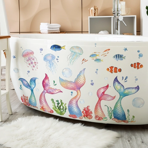 Aquarell Meerjungfrauenflosse Qualle Wandtattoo Badezimmer Kinderzimmer Wasserdicht PVC Unter dem Meer Deko Aufkleber