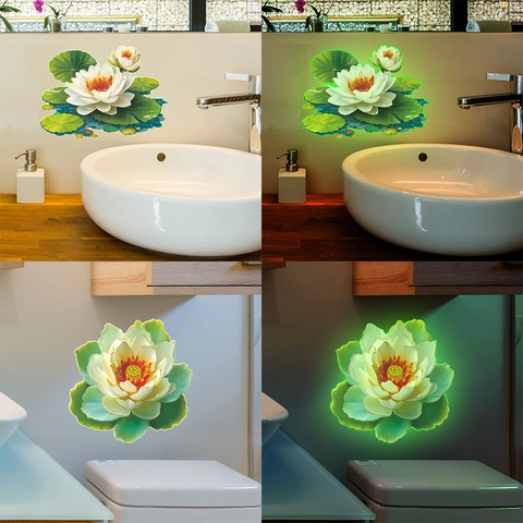 Adesivo Murale Loto Luminoso Fluorescente Al Buio PVC Impermeabile Decalcomania Floreale per Bagno Soggiorno Decorazione Casa