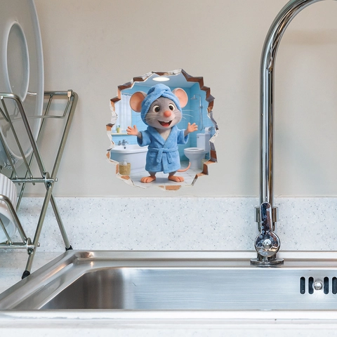 Creative 3D Cartoon Mouse Bathroom Wall Sticker Waterproof PVC Toilet Decal Cute Mouse In Bathrobe Wall Art For Kids Room Home Decor