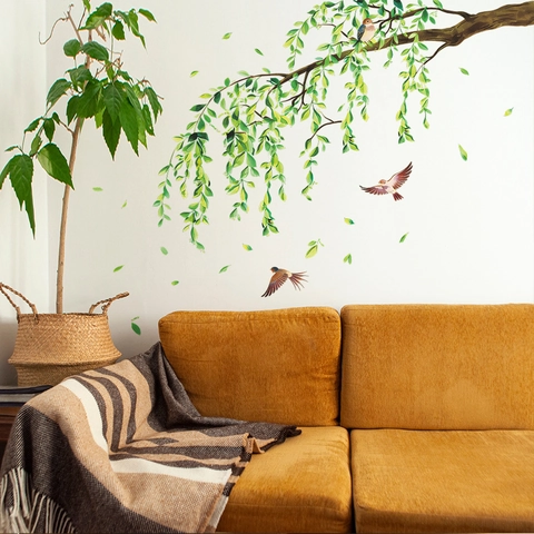 Willow Branches And Birds Wall Decal PVC Removable Green Leaves Sparrow Wall Sticker For Living Room Bedroom Home Decor