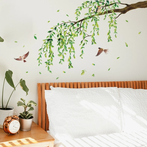Willow Branches And Birds Wall Decal PVC Removable Green Leaves Sparrow Wall Sticker For Living Room Bedroom Home Decor