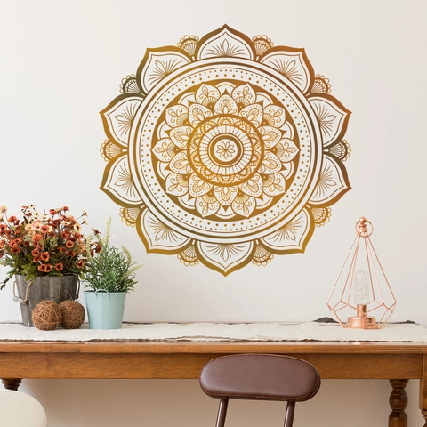 Adesivo Murale Mandala Oro Vintage PVC Geometrico Simmetrico Floreale Decalcomania per Soggiorno Ufficio Decorazione Parete