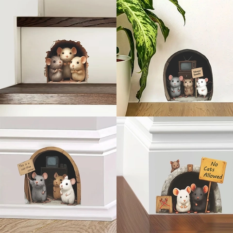 Adesivo da Parete 3D Creativo Buco del Topo Cartone Animato Famiglia di Topi Fai-da-Te PVC per Cucina Scale Casa Decorazione