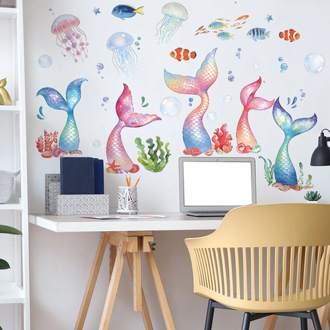 Aquarell Meerjungfrauenflosse Qualle Wandtattoo Badezimmer Kinderzimmer Wasserdicht PVC Unter dem Meer Deko Aufkleber