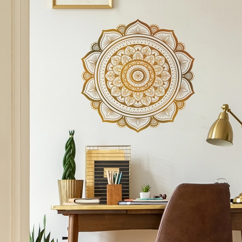 Adesivo Murale Mandala Oro Vintage PVC Geometrico Simmetrico Floreale Decalcomania per Soggiorno Ufficio Decorazione Parete