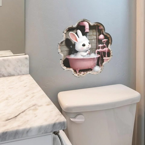 3D Cartoon Bathing Rabbit Wall Sticker PVC Waterproof Removable Decal For Bathroom Toilet Kids Room Aesthetic DIY Mural