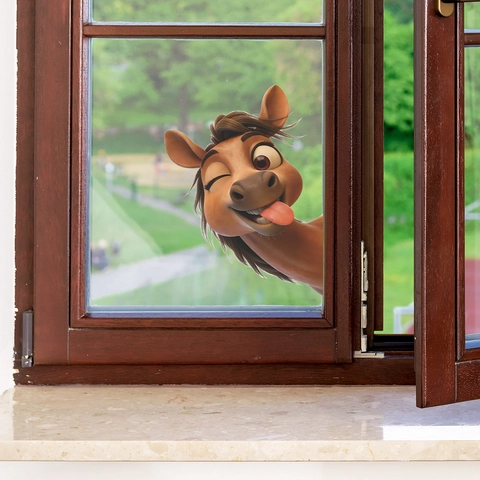 3D Cartoon Pferd Wandaufkleber Lustiges Zwinkerndes Tiergesicht Wasserdichtes PVC Dekor Für Kinderzimmer Wohnzimmer