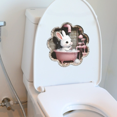 3D Cartoon Bathing Rabbit Wall Sticker PVC Waterproof Removable Decal For Bathroom Toilet Kids Room Aesthetic DIY Mural
