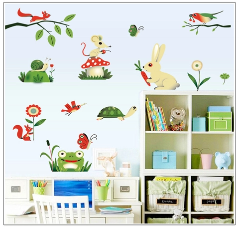 Cartoon Tiere Wald Wandtattoo Für Kinderzimmer PVC Pilz Hase Schildkröte Frosch Selbstklebende Kindergarten Wanddeko DIY Abziehbilder