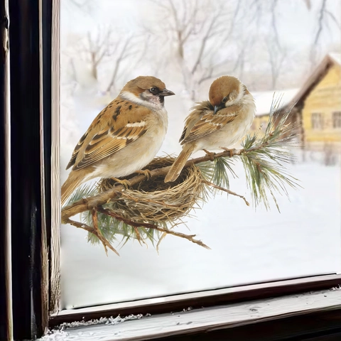 Realistic Sparrow Bird Nest Pine Branch Wall Sticker PVC Waterproof Self Adhesive Decal For Living Room Kitchen Home Decor