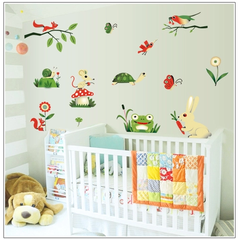 Cartoon Tiere Wald Wandtattoo Für Kinderzimmer PVC Pilz Hase Schildkröte Frosch Selbstklebende Kindergarten Wanddeko DIY Abziehbilder