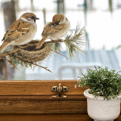 Realistic Sparrow Bird Nest Pine Branch Wall Sticker PVC Waterproof Self Adhesive Decal For Living Room Kitchen Home Decor