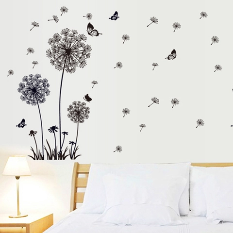 Pegatina de Pared Creativa de Diente de León y Mariposa Negra PVC Removible DIY Arte Floral para Sala de Estar