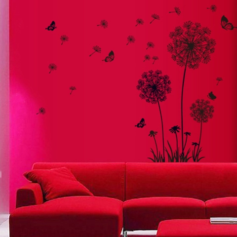 Pegatina de Pared Creativa de Diente de León y Mariposa Negra PVC Removible DIY Arte Floral para Sala de Estar
