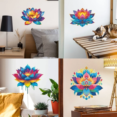 Sticker Mural Lotus Mandala Coloré Effet Néon Lumineux PVC Autocollant pour Salon Chambre Décoration de la Maison