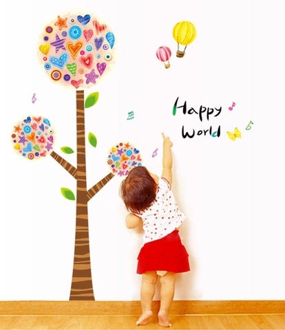 Pegatinas de Pared Románticas Árbol de Corazón Colorido Happy World Dibujos Animados PVC Calcomanías de Pared Extraíbles para Habitación