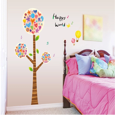 Pegatinas de Pared Románticas Árbol de Corazón Colorido Happy World Dibujos Animados PVC Calcomanías de Pared Extraíbles para Habitación