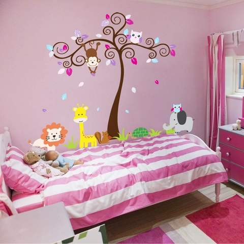 Pegatinas de Pared de Animales del Bosque y Árbol Grandes Calcomanías Safari Selva Para Cuarto de Niños Guardería Dormitorio Removibles Impermeables PVC