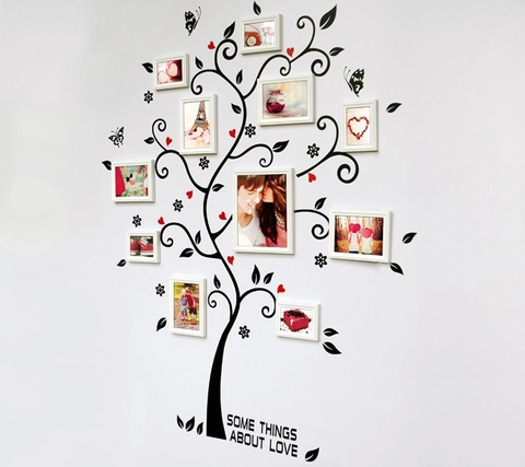 Sticker Mural DIY Arbre de Cœur Romantique PVC Amovible Photo de Famille Décalcomanie Papillons Citation Salon Décoration