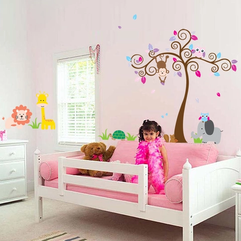 Pegatinas de Pared de Animales del Bosque y Árbol Grandes Calcomanías Safari Selva Para Cuarto de Niños Guardería Dormitorio Removibles Impermeables PVC