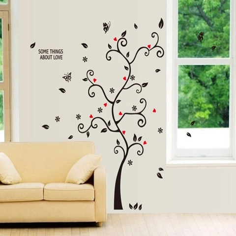 Sticker Mural DIY Arbre de Cœur Romantique PVC Amovible Photo de Famille Décalcomanie Papillons Citation Salon Décoration