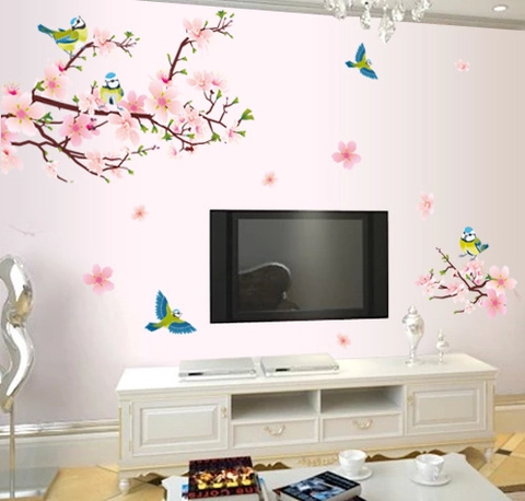 Vinilo de Pared de Flores de Durazno Y Pájaros Removible PVC Rama Floral Mural Calcomanía Para Sala de Estar Dormitorio Fondo TV