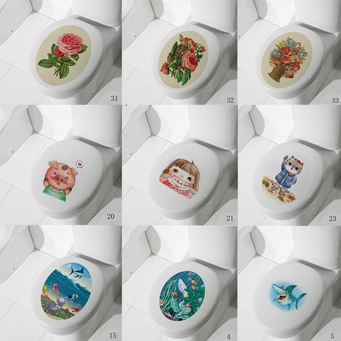 Adesivi Creativi Impermeabili in PVC per Coperchio del Gabinetto Animali da Cartone Animato e Fiori Decalcomania Bagno