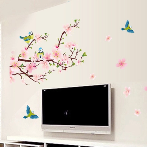Vinilo de Pared de Flores de Durazno Y Pájaros Removible PVC Rama Floral Mural Calcomanía Para Sala de Estar Dormitorio Fondo TV