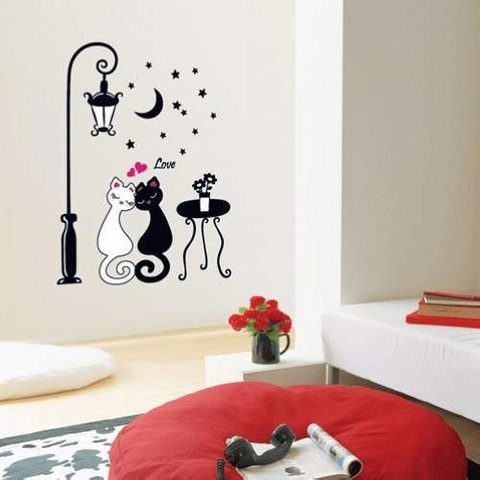 Pegatinas de Pared de Gato Pareja Dibujos Animados Blanco Negro Corazón Luna Estrellas PVC Decorativo para Dormitorio