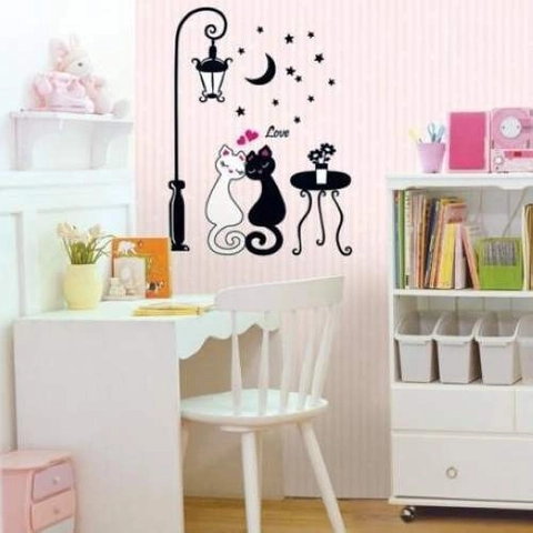 Pegatinas de Pared de Gato Pareja Dibujos Animados Blanco Negro Corazón Luna Estrellas PVC Decorativo para Dormitorio