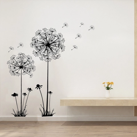 Adesivi Murali Silhouette Dente di Leone Nero Romantico in PVC Rimovibili Fai da Te Decalcomanie Floreali per Soggiorno Camera da Letto TV Sfondo