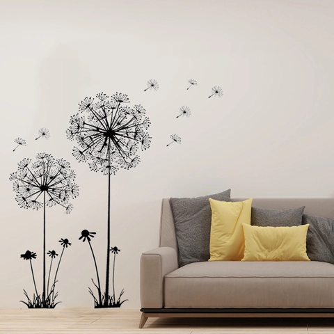 Adesivi Murali Silhouette Dente di Leone Nero Romantico in PVC Rimovibili Fai da Te Decalcomanie Floreali per Soggiorno Camera da Letto TV Sfondo