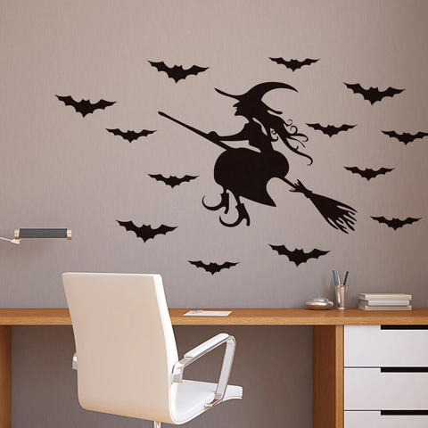 Halloween Witch On Broom And Bats Wall Stickers Black PVC Removable Silhouette Decals For Home Bedroom Kids Room Decoration