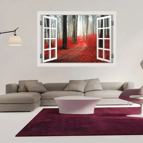 3D Falsches Fenster Wandaufkleber Herbst Ahornwald Landschaft PVC Abnehmbare Wandbild Für Wohnzimmer Schlafzimmer Dekoration