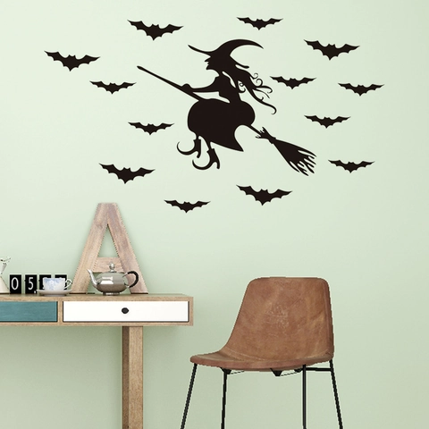 Halloween Witch On Broom And Bats Wall Stickers Black PVC Removable Silhouette Decals For Home Bedroom Kids Room Decoration