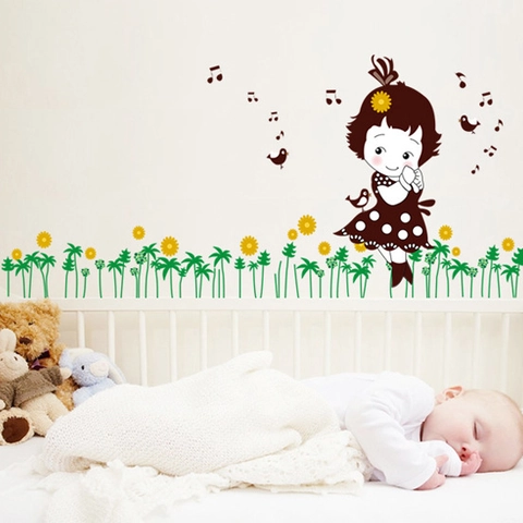 Pegatina de Pared Niña de Dibujos Animados Girasol Calcomanía de PVC Extraíble Para Dormitorio Infantil Notas Musicales Florales Decoración