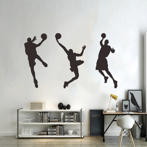 Basketball Boys Silhouette Wall Sticker Sports Dunking Trio PVC Decal For Boys Bedroom School Dorm Home Decor Black