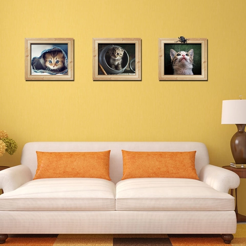 Pegatina de Pared de Gato con Efecto de Marco de Fotos 3D PVC Removible Caricatura de Gatito Calcomanía para Sala de Estar
