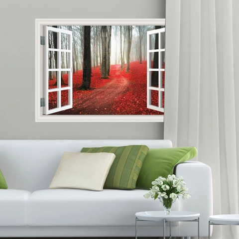 3D Falsches Fenster Wandaufkleber Herbst Ahornwald Landschaft PVC Abnehmbare Wandbild Für Wohnzimmer Schlafzimmer Dekoration