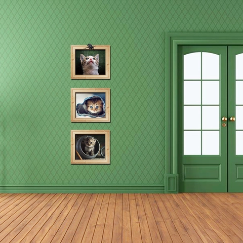 Pegatina de Pared de Gato con Efecto de Marco de Fotos 3D PVC Removible Caricatura de Gatito Calcomanía para Sala de Estar