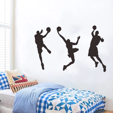 Basketball Boys Silhouette Wall Sticker Sports Dunking Trio PVC Decal For Boys Bedroom School Dorm Home Decor Black