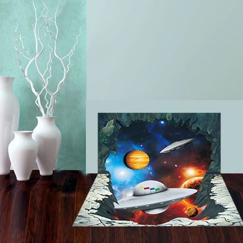 Sticker Mural 3D Espace Extérieur OVNI Galaxie Planète Autocollant Amovible PVC Murale pour Chambre d'Enfants Salon Décoration de la Maison