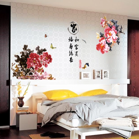Sticker Mural Style Chinois Fleur de Pivoine Papillon Décoration de Maison Calligraphie PVC Mural Amovible pour Salon