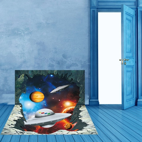 Sticker Mural 3D Espace Extérieur OVNI Galaxie Planète Autocollant Amovible PVC Murale pour Chambre d'Enfants Salon Décoration de la Maison