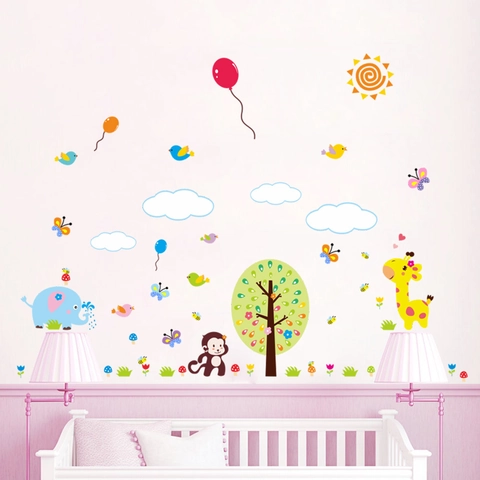 3D Cartoon Affe Giraffe Elefant Wandaufkleber Für Kinderzimmer Kindergarten Abnehmbar DIY PVC Tier Wald Wandtattoos Wandbild